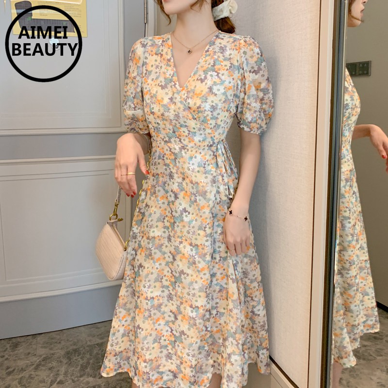 Đầm voan hoa cúc cổ chữ V thời trang đáng yêu dành cho nữ