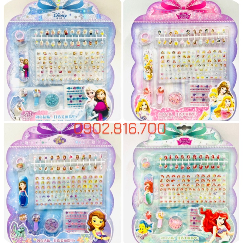 Vỉ đồ chơi trang điểm làm móng làm nails sticker 3D nổi dán móng tay cho bé gái hình Elsa-công chúa Disney-Ariel-Sofia