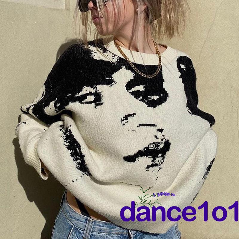 Áo Sweater Tay Dài Cổ Tròn Dáng Rộng In Hình Chân Dung Cho Nữ