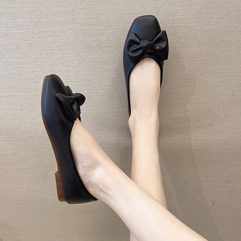 Giày búp bê da mềm mũi vuông đính nơ xinh xắn dễ thương cho nữ