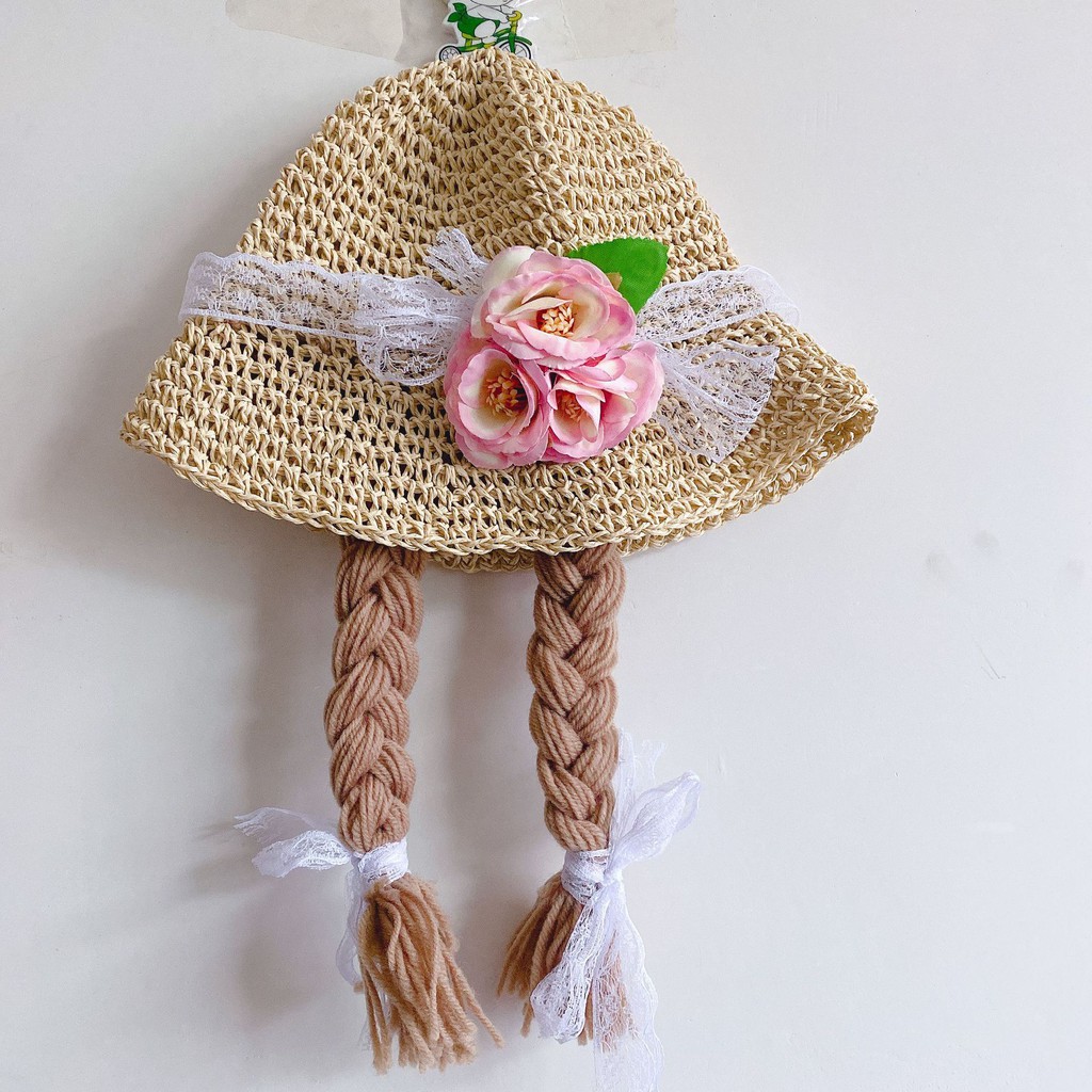 Nón vành cói bím dài ren hoa dễ thương