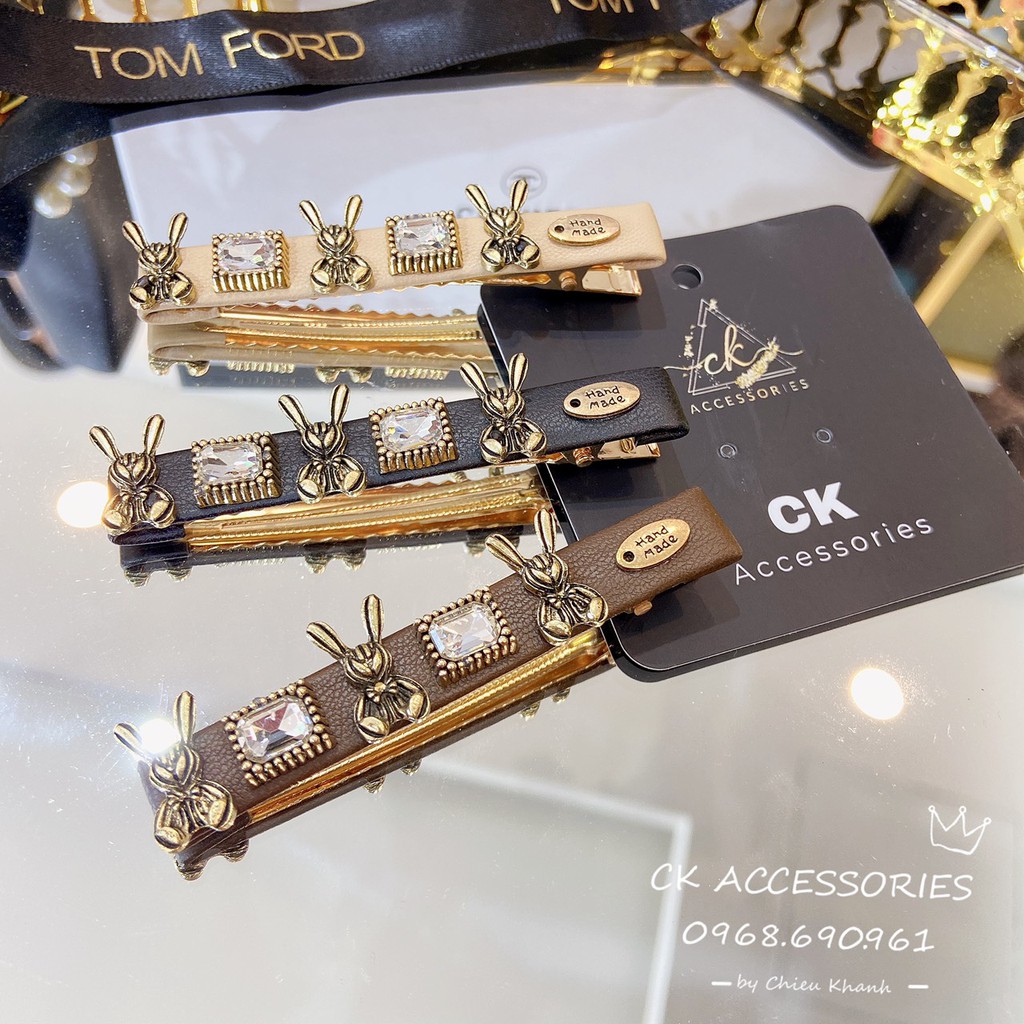 [FreeShip] [Ảnh thật] Kẹp tóc bấm da phối hoạ tiết xích đá chữ Guc hàng cao cấp loại 1