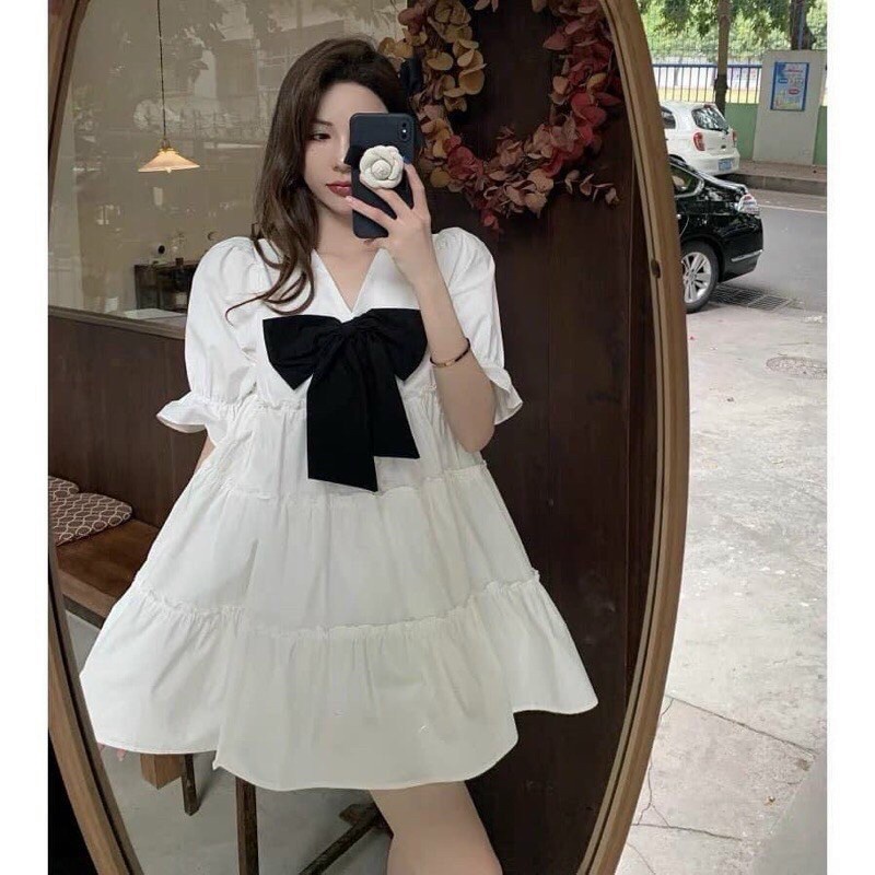 [8.8 Sales Freeship] Đầm tiểu thư, đầm trắng babydoll cổ v đính nơ đen to