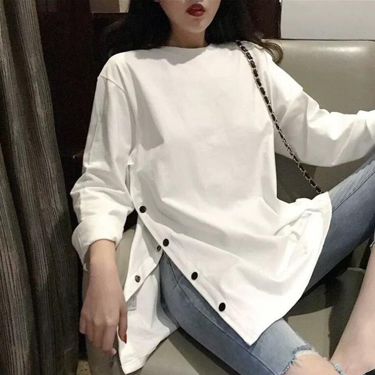 Áo Thun Tay Dài Màu Trơn Xẻ Hông Phong Cách Ulzzang Thu Đông Đẹp