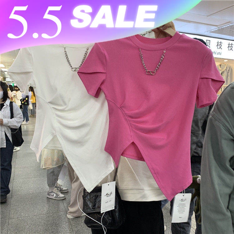Áo Thun Ngắn Dáng Ôm Xẻ Tà Thời Trang Xuân Hè 2022 Phong Cách Mới Cho Nữ