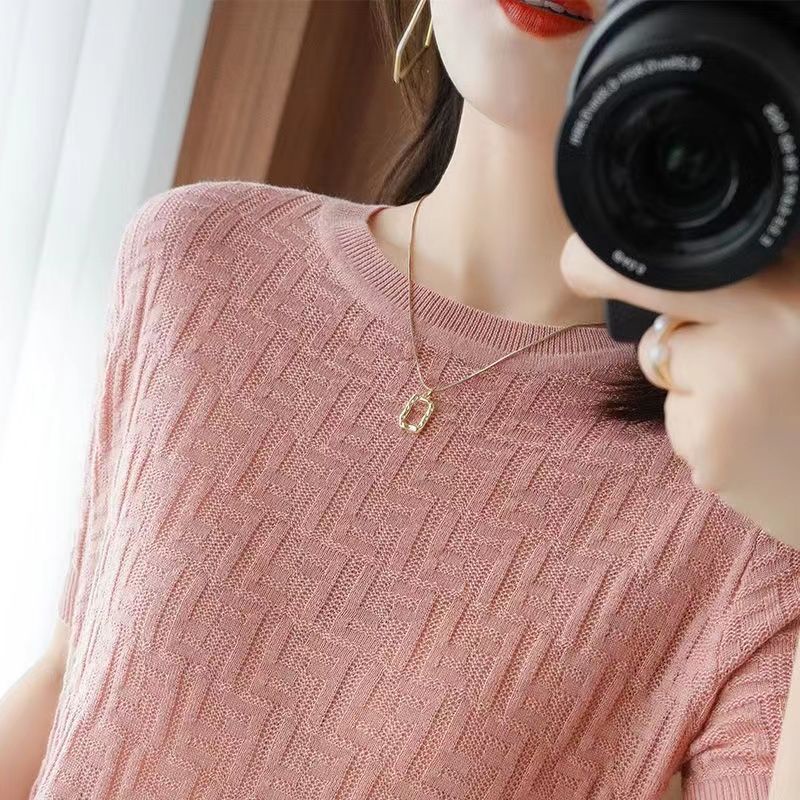 Áo Thun Lụa Dệt Kim Tay Ngắn Cổ Tròn Dáng Rộng Thời Trang Mùa Hè Dành Cho Nữ