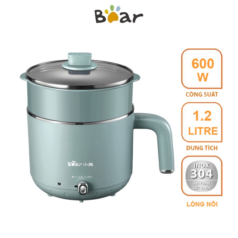 Nồi lẩu và hấp đa năng, ca nấu mì mini Bear lòng inox 304  DRG-D12M5 chính hãng bảo hành 18 tháng