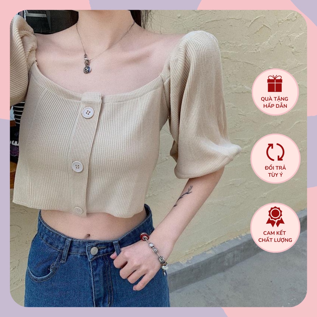 Áo croptop trễ vai tay bồng hàng cúc trước WANAWEAR màu kem be trắng đen