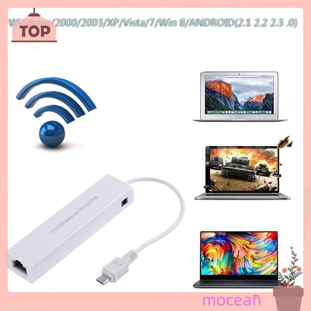 Mocean OTG 3 Port USB 2.0 HUB 10/100MB Micro USB to RJ45 LAN Adapter Network Card