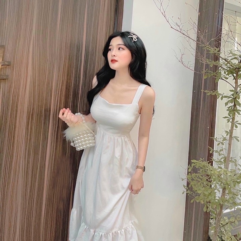 Đầm váy maxi đi biển hai dây nơ sau 2 màu có mút ngực
