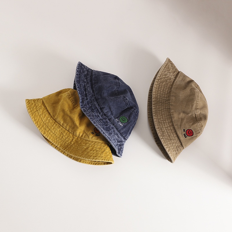 Mũ Tai Bèo Denim Chống Nắng Thêu Hình Mặt Cười Kiểu Retro Dễ Phối Đồ Cho Bé