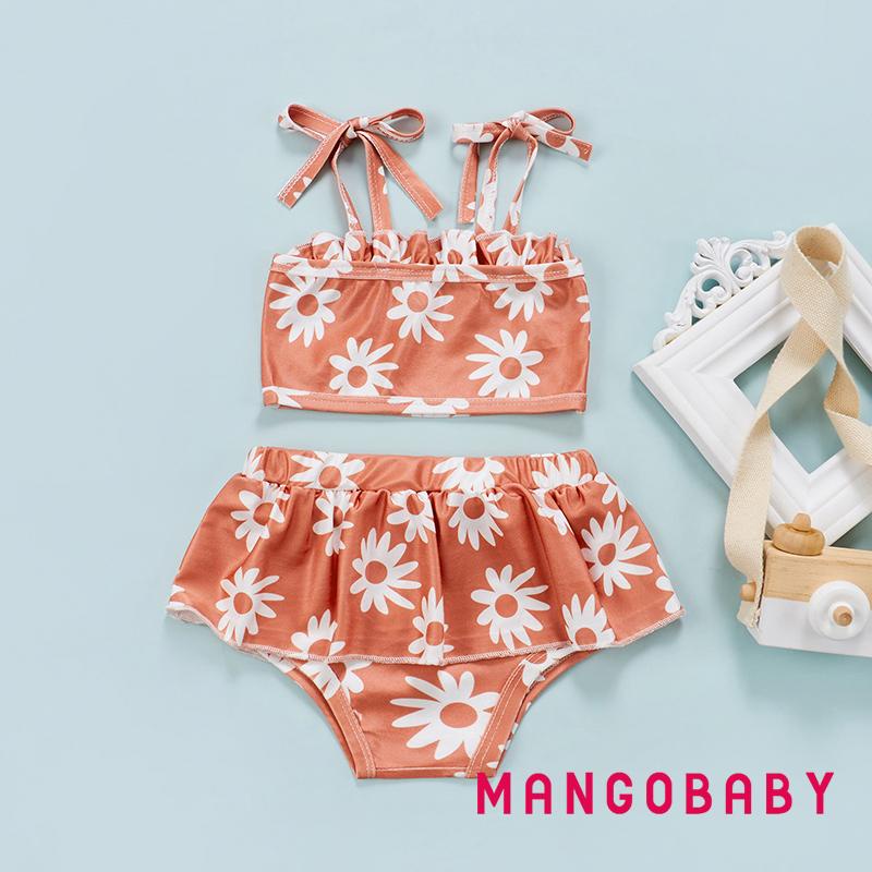 Bộ đồ bơi hai mảnh không tay hai dây in hình hoa cúc + quần lót diềm xếp nếp cho bé gái