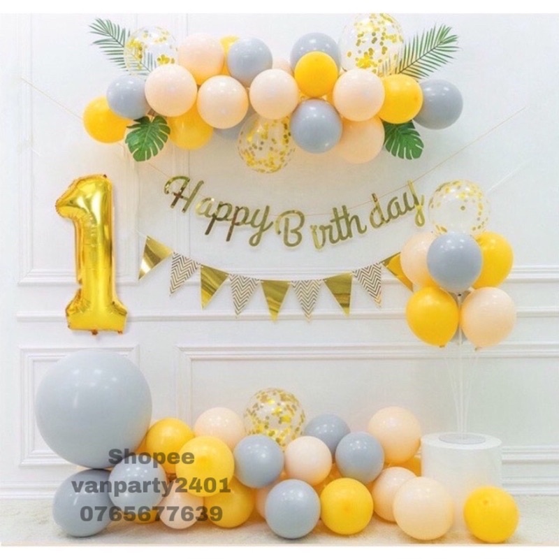 Set bóng trang trí sinh nhật tông màu pastel kèm bóng số tuổi ( Tặng kèm bơm bóng + Keo dán)