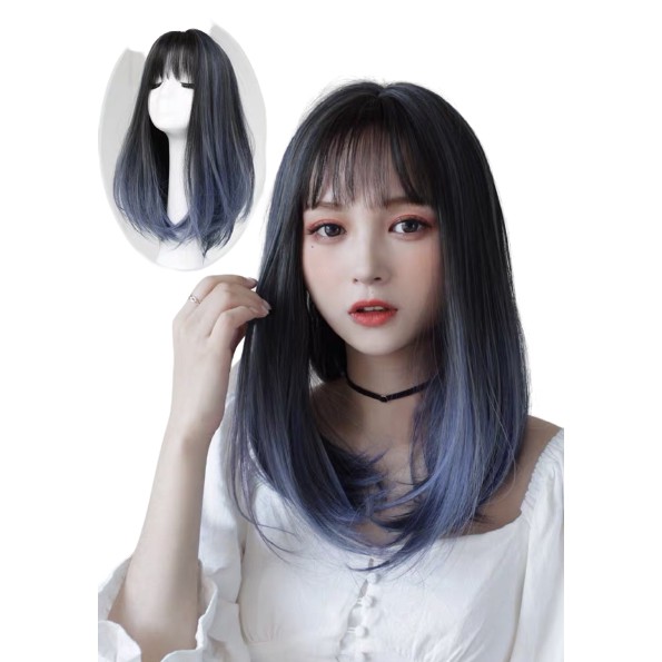 Tóc Giả Cả Đầu-Nguyên Đầu Cụp Lửng Omber Xanh Cá Tính SP27