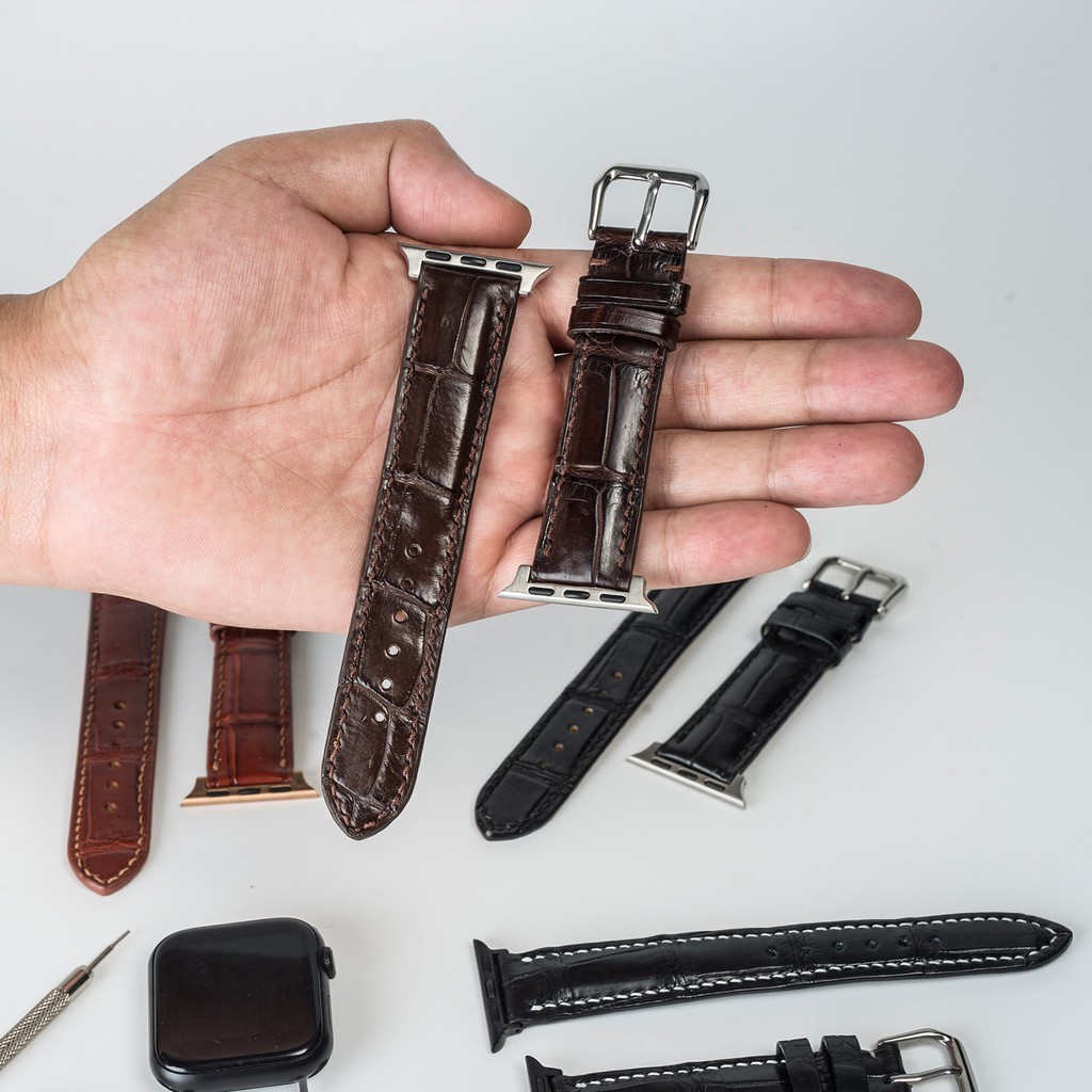 Dây apple watch da cá sấu đốt tre-khâu tay thủ công D108- dây apple watch series 3 series 4 series 5-Bụi leather