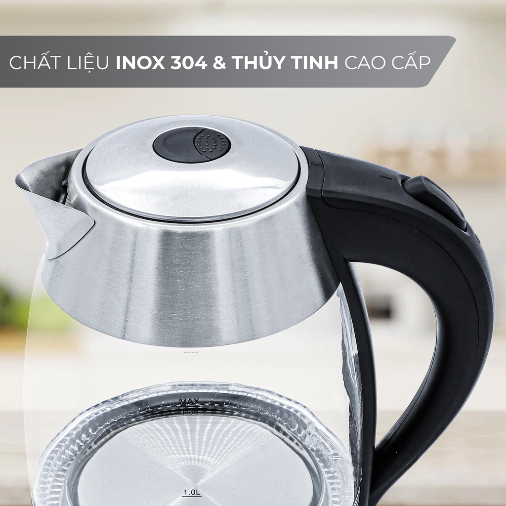 Ấm siêu tốc bình siêu tốc thủy tinh LEBENLANG LBWE2626 1.8 lít công suất 2200W bảo hành đổi trả trong 2 năm