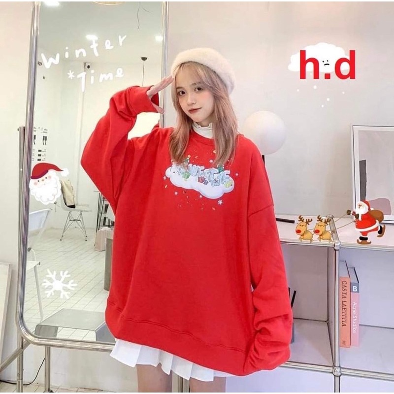 Áo Nỉ Noel Sweet Me, Mặt Cười Dáng Thụng NữSweater giáng sinh form rộng tay bồng, thun merry christmas cá tính Ulzzang