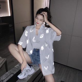 SUXI Áo Sơ Mi Ngắn Tay Dáng Rộng Họa Tiết Bướm Phản Quang Độc Đáo Phong Cách Retro