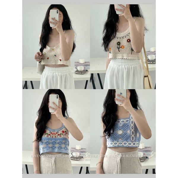 Áo hai dây len móc thêu hình dáng croptop the.sweaterweather TSW