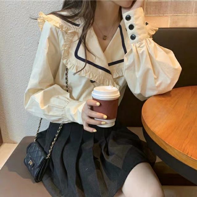 (có ảnh thật) Áo sơ mi cổ vest thủy thủ tay phồng ulzzang order