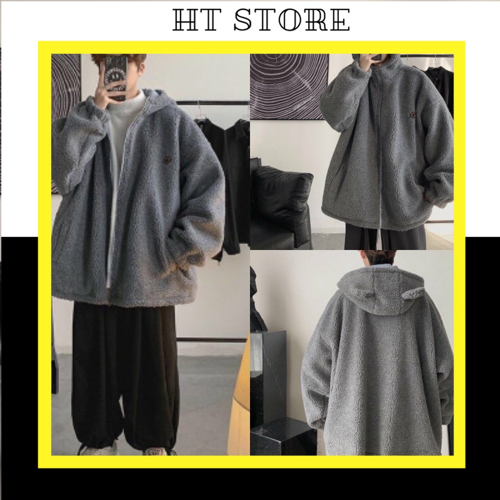 Áo Khoác Unisex  Lông Tai Gấu Logo Ngực  dưới 70kg - Dáng Rộng Khóa Kéo G083 - HT STORE
