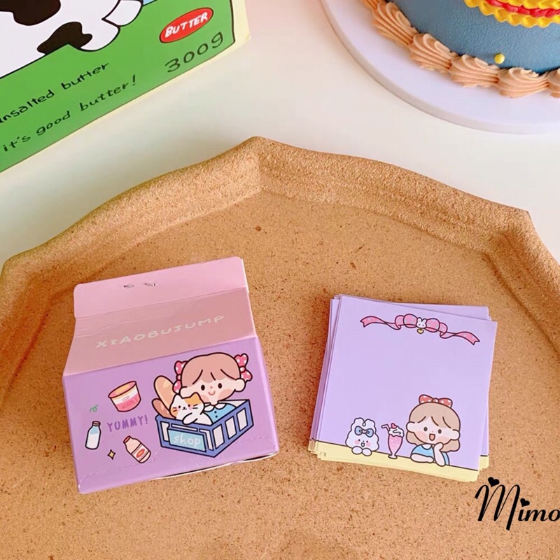 Hộp giấy note ghi chú cute, giấy ghi chú hộp sữa dạng rút 100 tờ kích thước 5*5cm