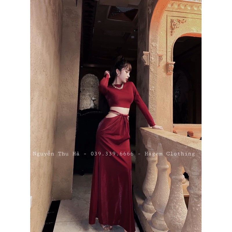 Sét áo croptop tay dài mix kèm chân váy dài cạp chéo khoét hông