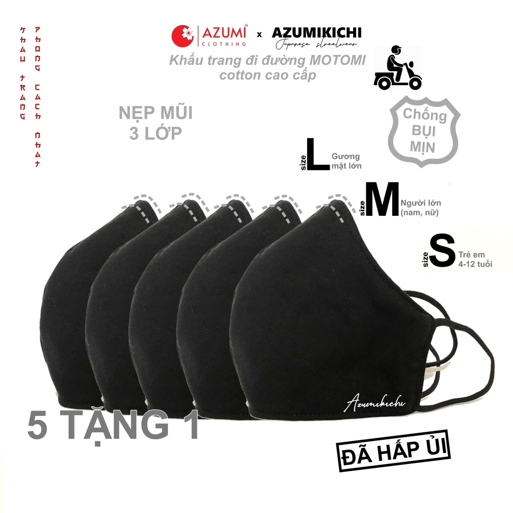 Combo 5 tặng 1 khẩu trang Motomi 3D dùng đi đường màu đen, khau trang vải chống bụi mịn 3 lớp có nẹp mũi Azumikichi B1