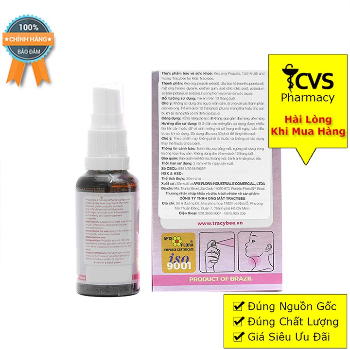 Keo Ong Tutti Frutti &amp; Honey Tracybee Vị Trái Cây - Dạng Xịt Hỗ Trợ Giảm Ho, Viêm Họng Trẻ Em