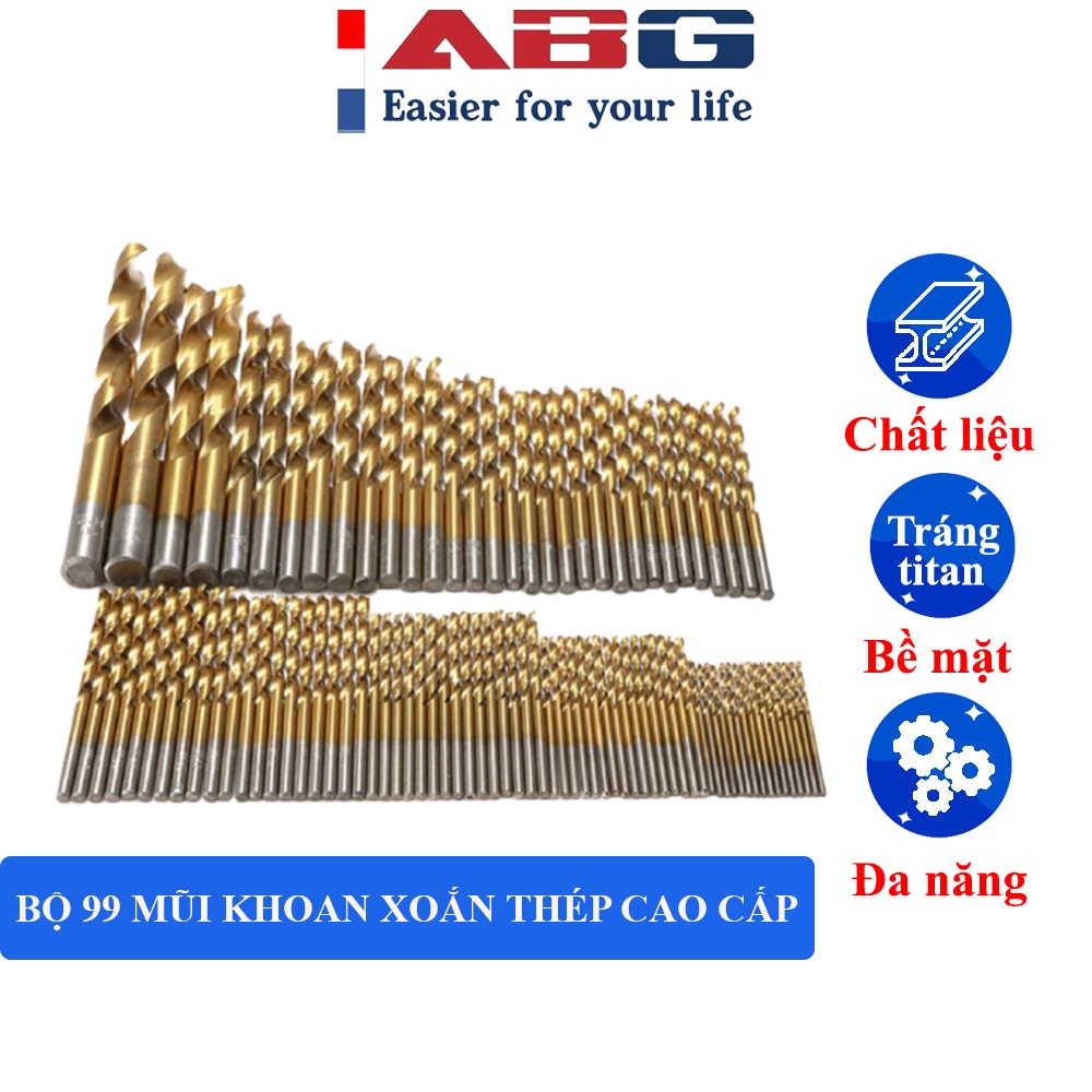 Bộ 99 Mũi Khoan Thép Phủ Titan ABG Cao Cấp Đường Kính 1.5 – 10mm Dùng Được Tất Cả Mẫu Máy Khoan Cầm Tay Thông Dụng