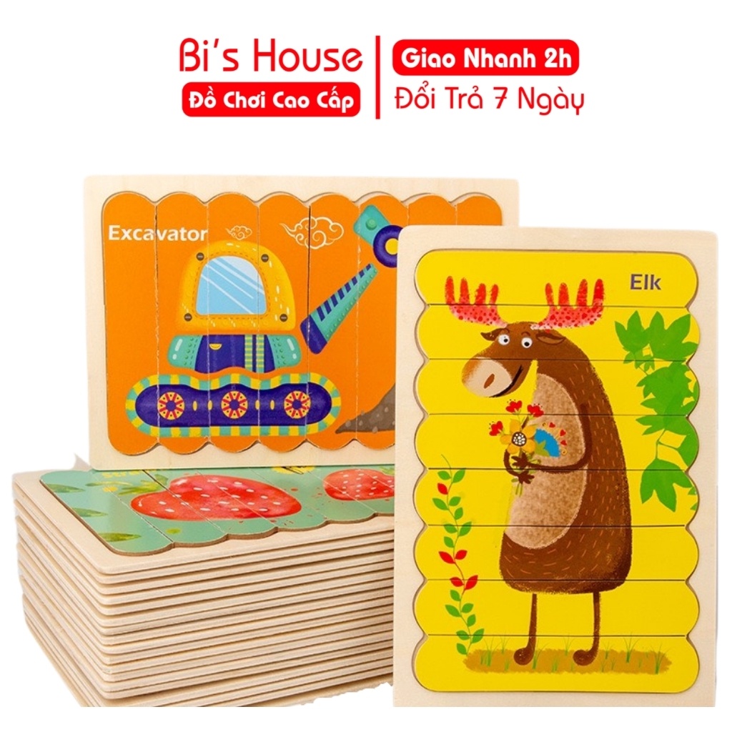 Tranh ghép hình dạng que bằng gỗ, 1 tranh 2 mặt - đồ chơi thông minh Bi's House