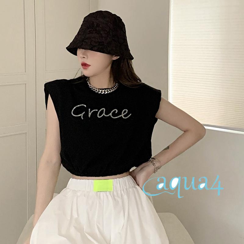 Anana-áo Croptop Sát Nách Cổ Tròn Đính Đá In Chữ Cho Nữ