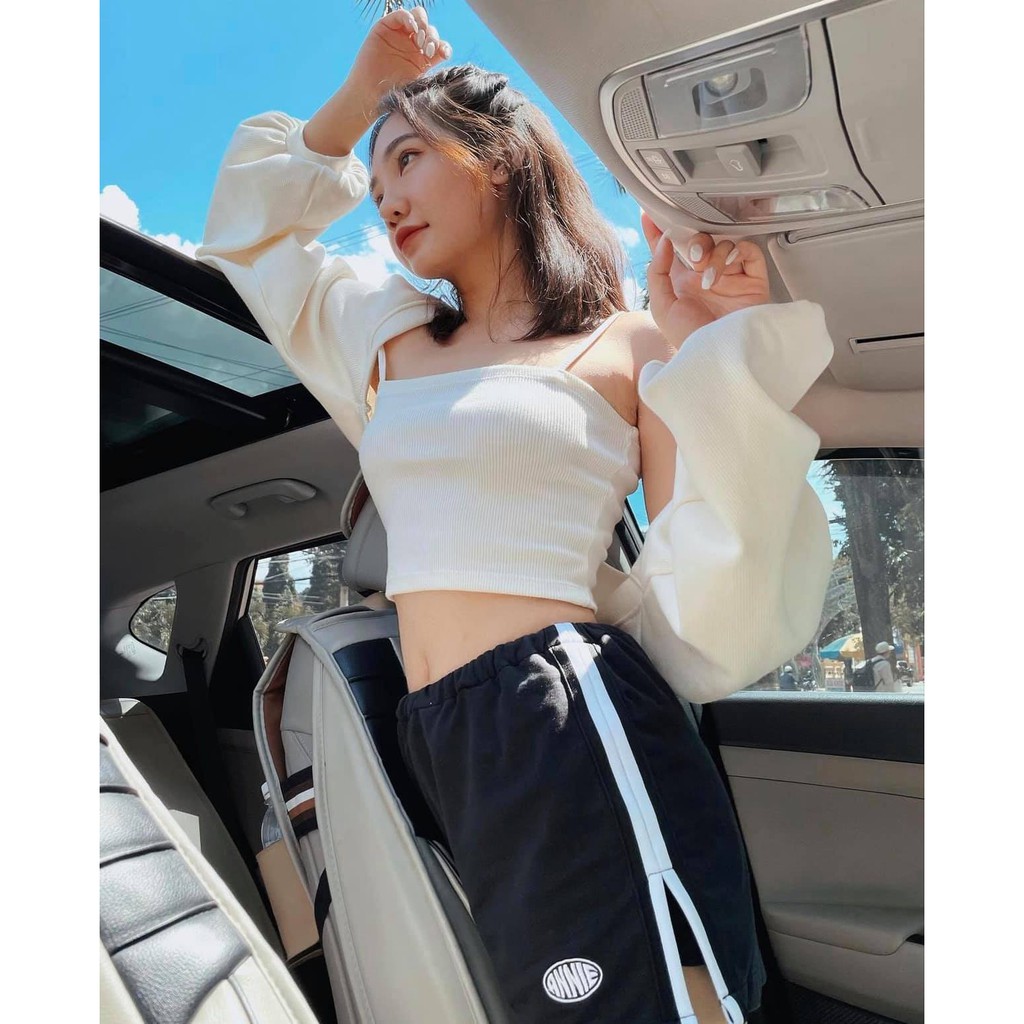 Set 2 Món Áo Croptop Tay Bồng Form Rộng Nữ + Áo 2 dây Ôm Body Ulzzang Áo Khoác Cardigan + Áo Hai Dây Croptop