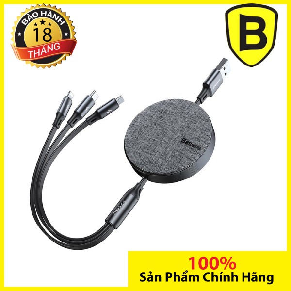 Dây sạc rút Baseus Fabric 3-in-1 Flexible Cable tích hợp 3 đầu Type C / Micro USB/ Lightning 3.5A 1.2M ( Màu đỏ )