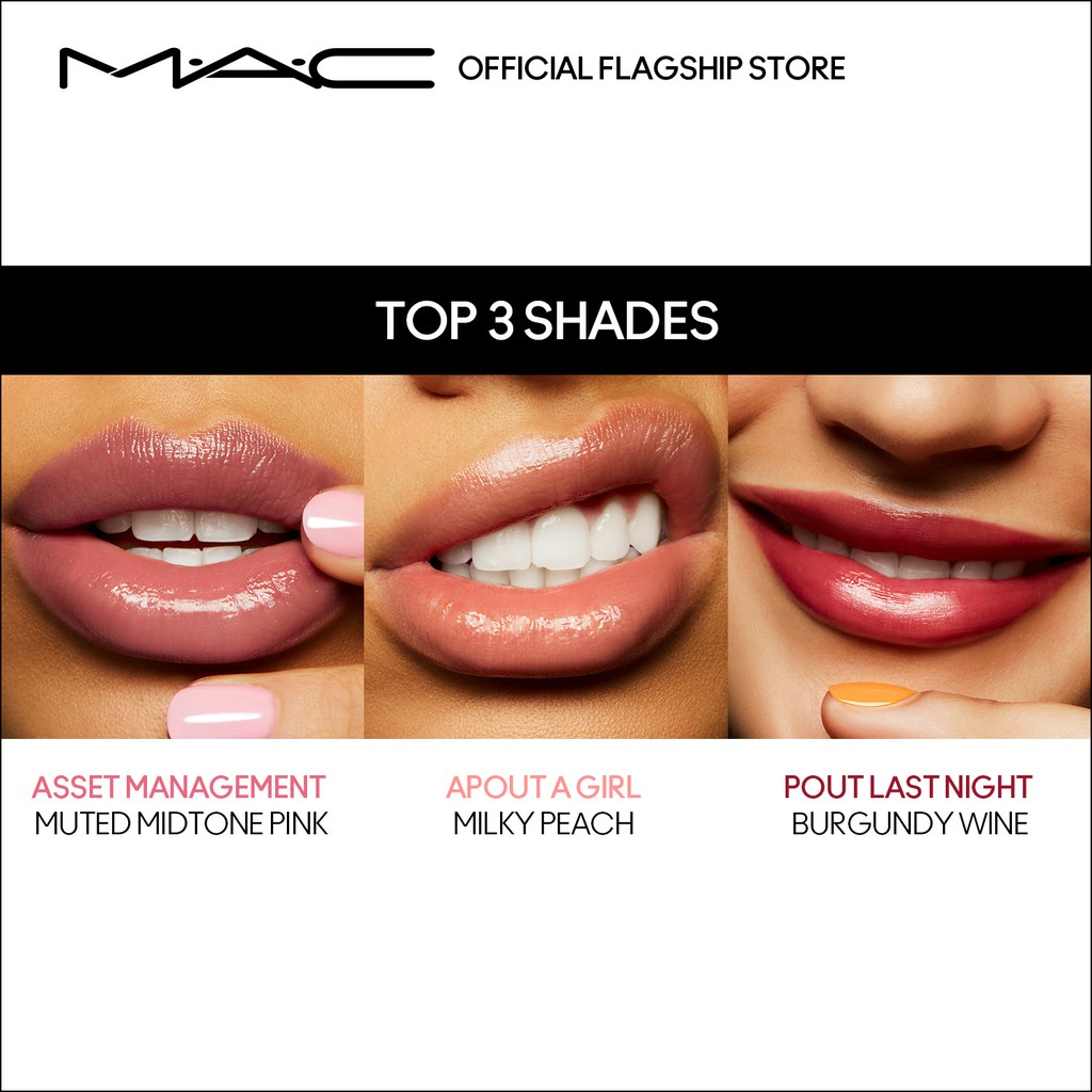 Son Bóng MAC Powerglass Plumping Lip Gloss Asset Management Màu Hồng Nâu Pout Last Night Màu Đỏ Rượu