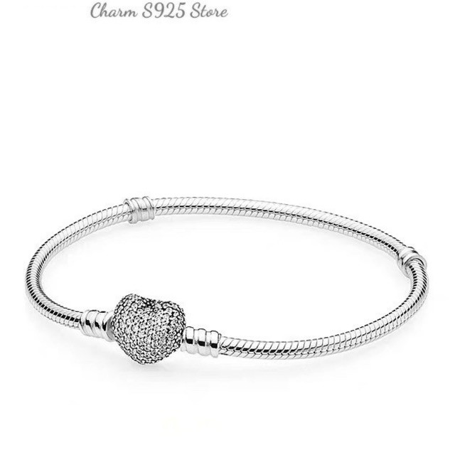 vòng charm pan mềm khoá tim đính đá bạc s925 cao cấp