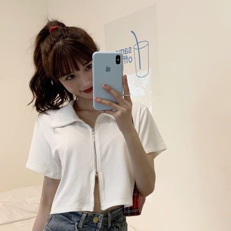 Áo Thun Lửng Ngắn Tay Có Khóa Kéo Thời Trang Hè 2021 Cho Nữ