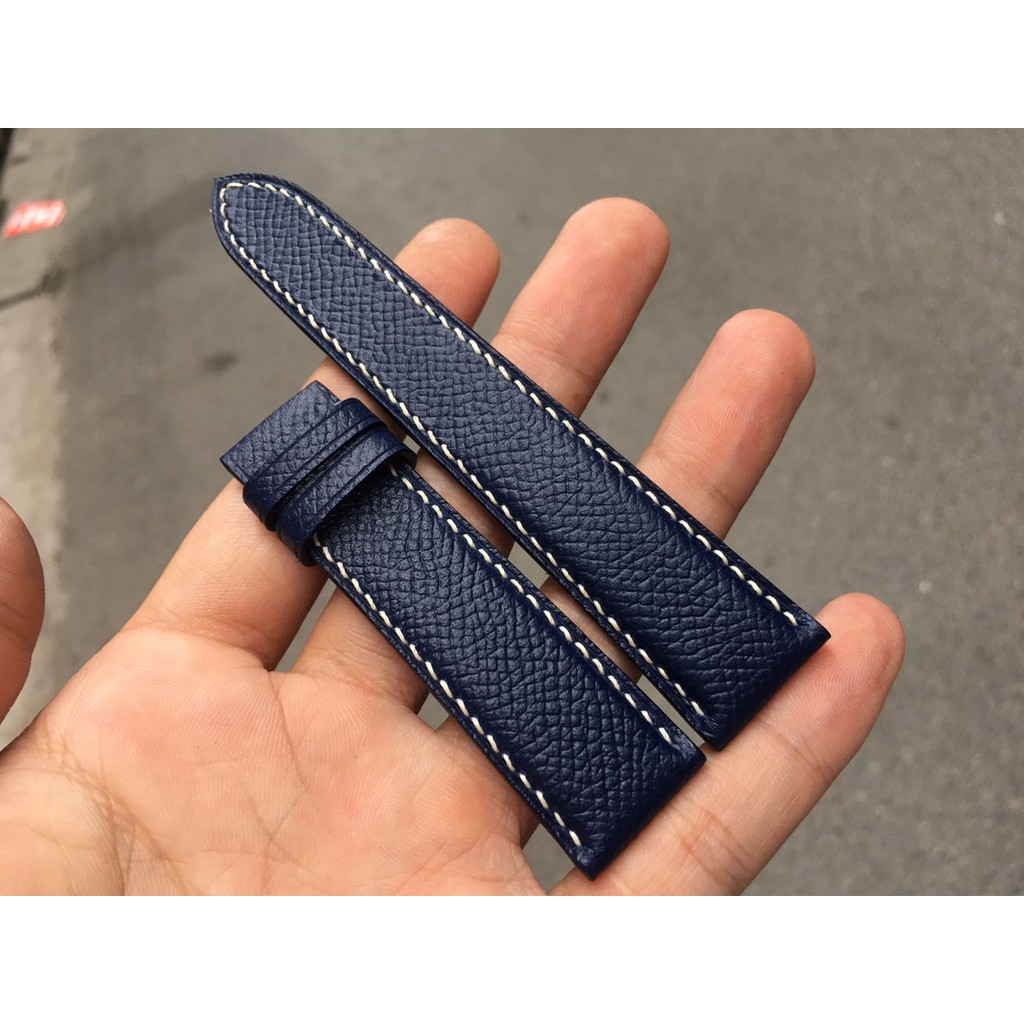 Dây Đồng Hồ Da Bò Epsom Cao Cấp Chống Bám Bụi Màu Xanh Navy Chỉ Trắng DOHA (CAM KẾT DA THẬT, HÀNG TỐT, GIÁ RẺ)