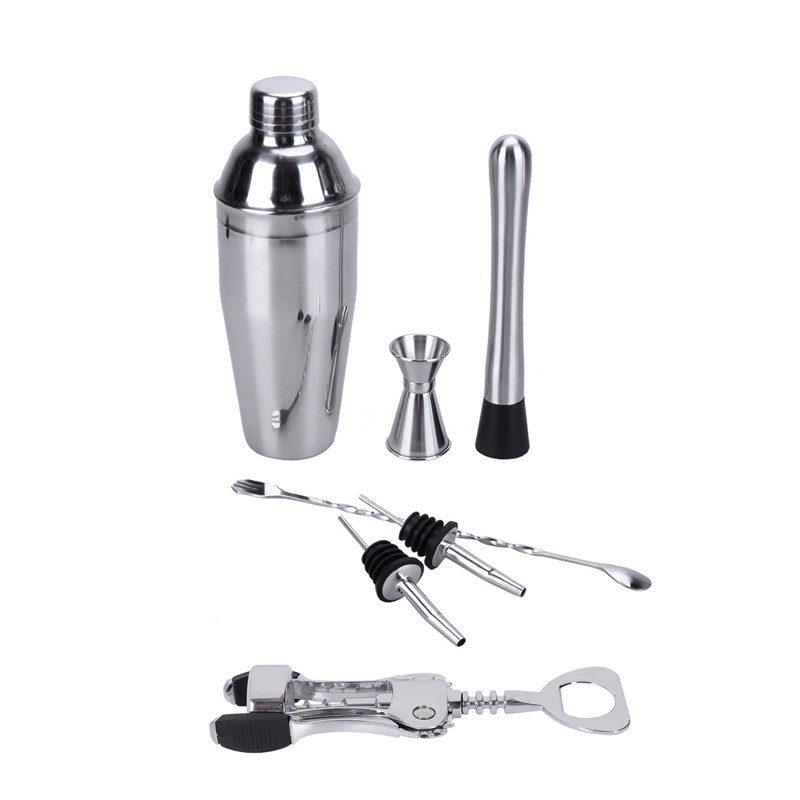 1Pcs Home Kitchen Ware Winged Cork Screw Bottle Opener Sier & 6Pcs 750Ml Stainless Steel Cocktail Shaker Bar Set Wine Martini Drink Mixer Bar/Party Tool Bartender Gifts