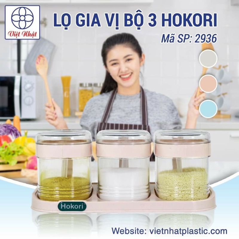 Set 3 hũ đựng gia vị HOKORI nhựa trắng trong suốt kèm muỗng 2936