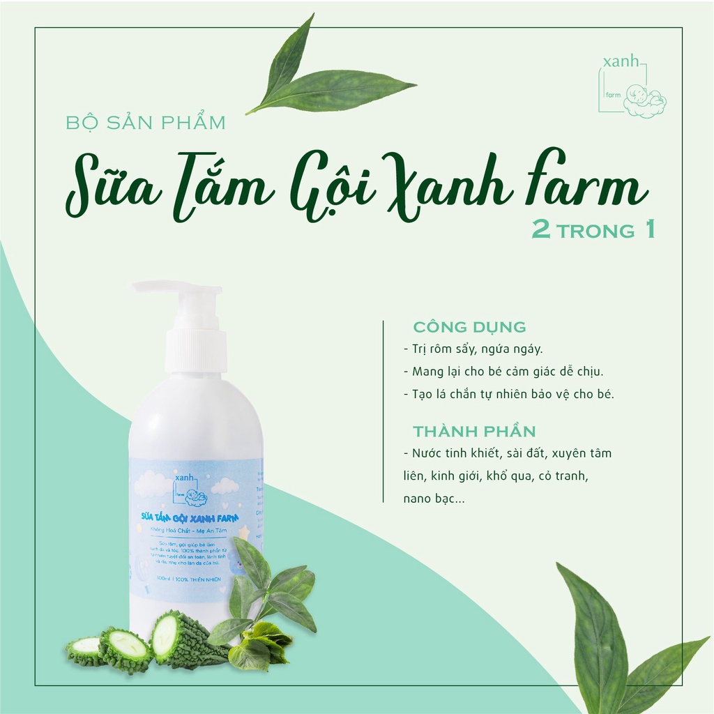 Sữa tắm gội cho bé, thảo mộc Xanh Farm, ngăn ngừa rôm sẩy, hăm tã, viêm da, Handmade, không hóa chất, không cay mắt