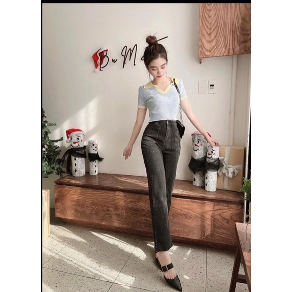 Quần bò jean nữ cạp cao ống đứng rộng suông loe co giãn vải Quảng Châu chuẩn đẹp dầy dặn mặc không bai