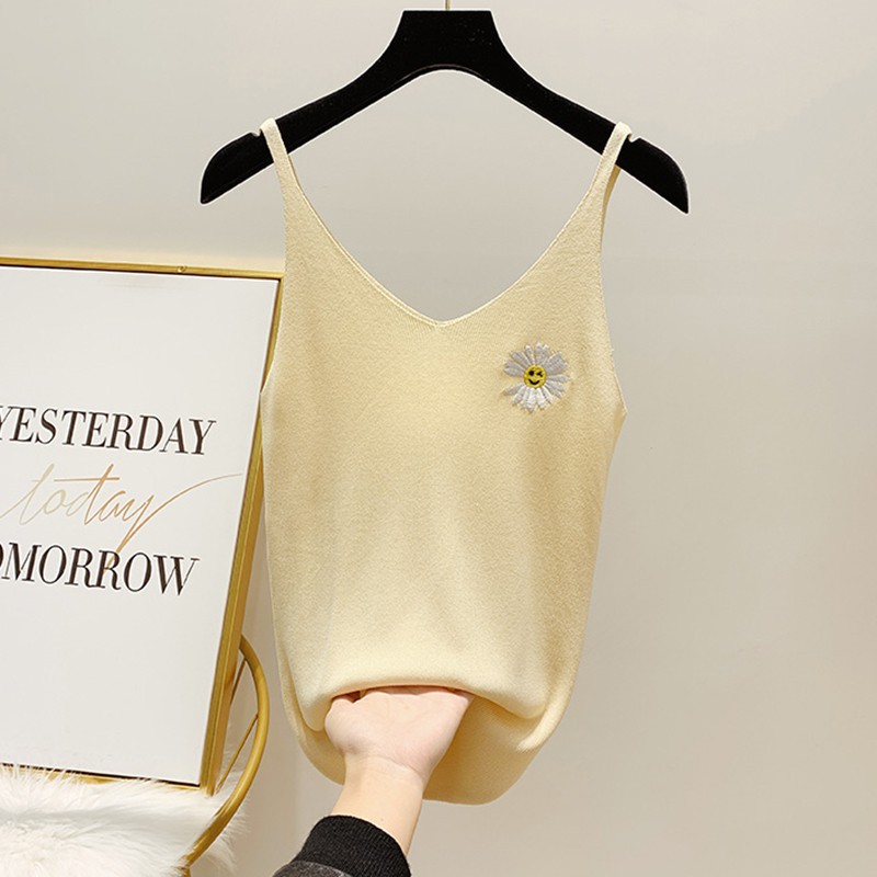Women Casual Knitted Daisy Embroidery Cami Tops Summer Vest Sleeveless Basic Camisole | BigBuy360 - bigbuy360.vn