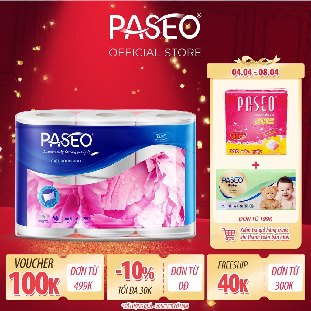 Giấy vệ sinh cao cấp Paseo dai,mềm mịn (6 cuộn 3 lớp)/lốc
