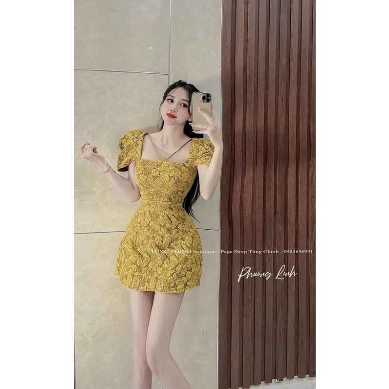 Đầm đi tiệc vải gấm hoa nổi, đầm tiểu thư tay phồng mặc đi đám cưới, váy chữ A vải gấm đi tiệc, váy cổ yếm tay phồng hoa