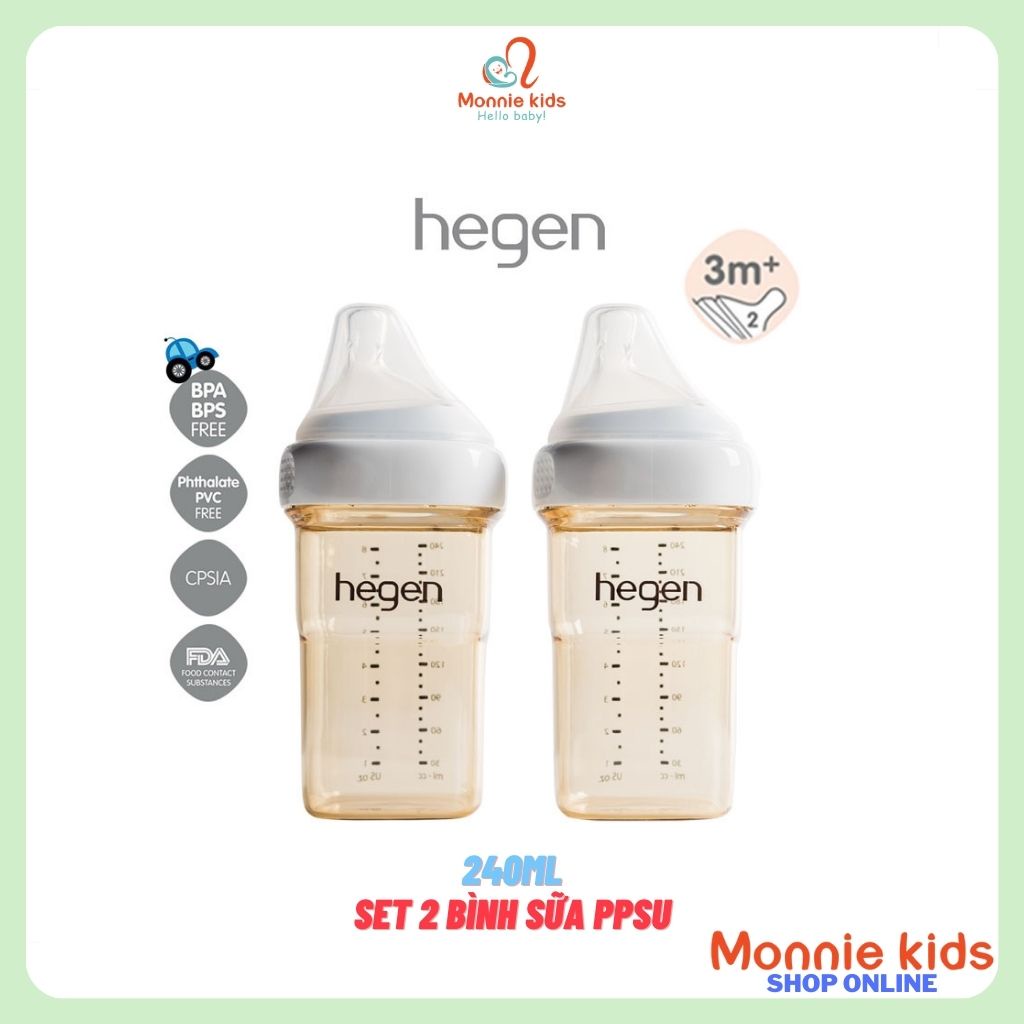 Set 2 bình sữa cho bé HEGEN PPSU 240ml núm 2, bình sữa trẻ em chính hãng 3m+, Monnie Kids