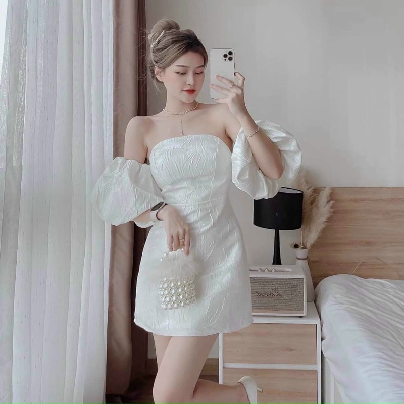 Đầm thời trang nữ mặc đi tiệc chất xốp gân cúp ngực có mút tay phồng màu trắng