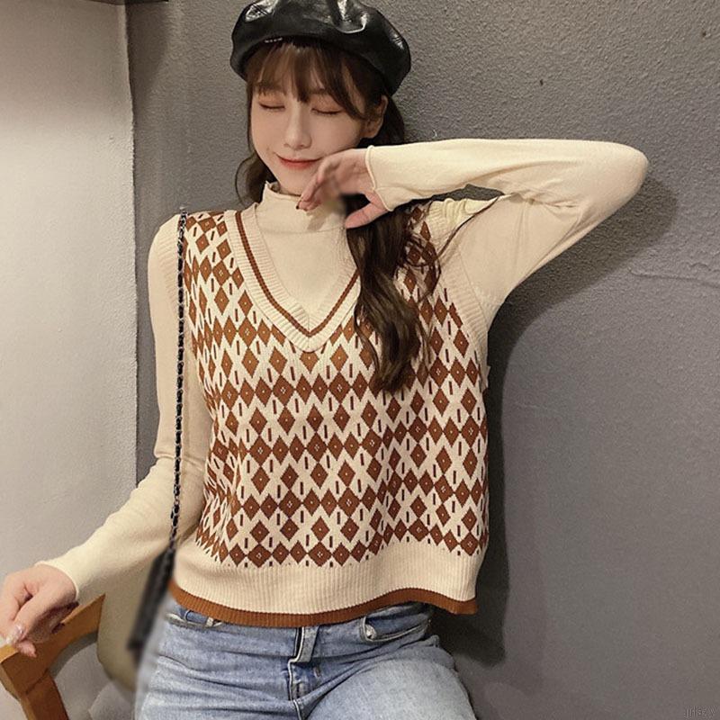 Áo len nữ sát nách cổ chữ V phong cách Hàn Quốc retro