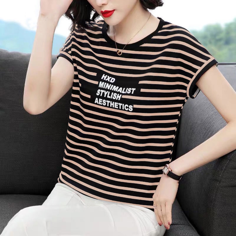 Áothun tay ngắn họa tiết kẻ sọc trắng đen thời trang cho phụ nữ trung niên