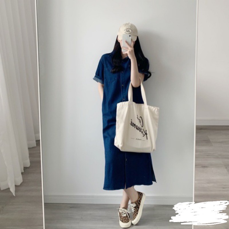 Váy denim xuông dài form sơ mi đơn giản tay ngắn thời trang Hàn Quốc mới nhất 2023